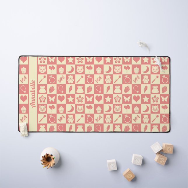 Cute Girly Modern Pink Chequered Icons Pattern Desk Mat (Kids Table)