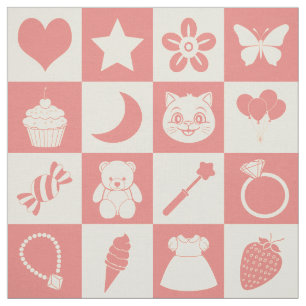 Cute Girly Modern Pink Chequered Icons Pattern Fun Fabric