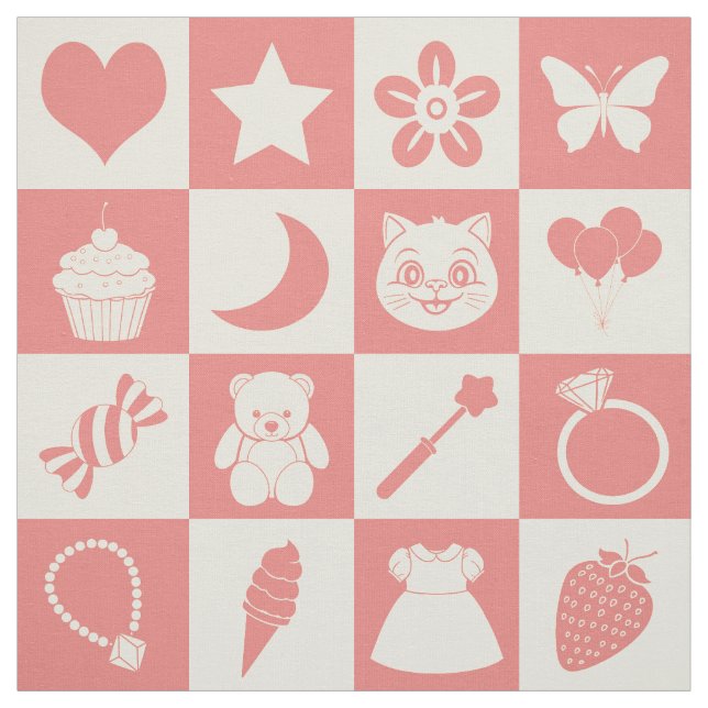 Cute Girly Modern Pink Chequered Icons Pattern Fun Fabric (Swatch)