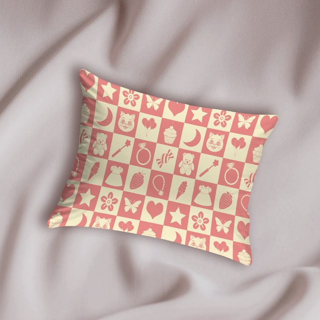 Cute Girly Modern Pink Chequered Icons Pattern Pillowcase (Creator Uploaded)