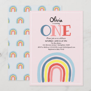 Cute Girly Modern Rainbow and Name 1st Birthday Invitation
