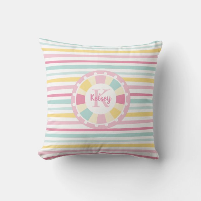 Cute Girly Monogram Colourful Striped Throw Pillow (Front)