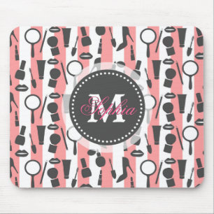 Cute girly  monogram cosmetics stripes pattern mouse pad