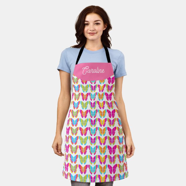 Cute Girly Multicolor Rainbow Butterflies Name Apron (Worn)