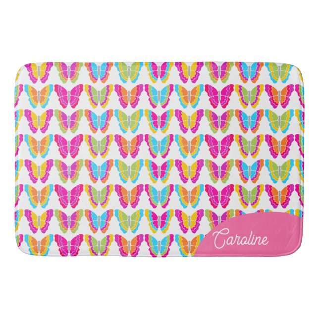 Cute Girly Multicolor Rainbow Butterflies Name Bath Mat (Front)