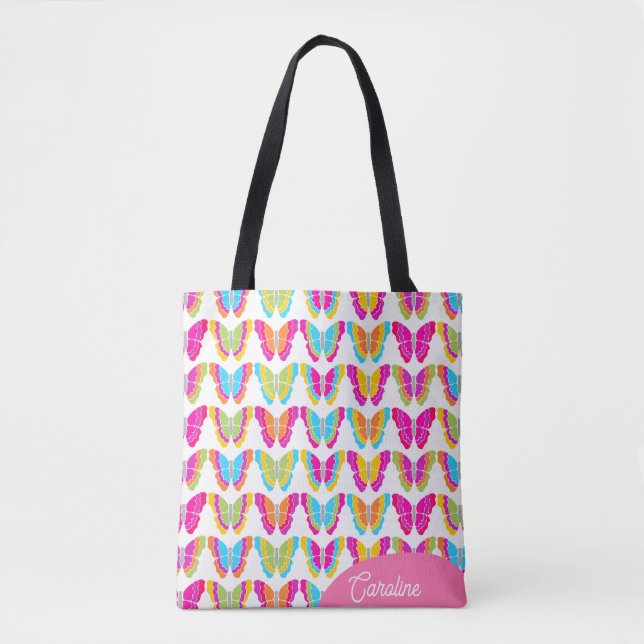 Cute Girly Multicolor Rainbow Butterflies Name Tote Bag (Front)