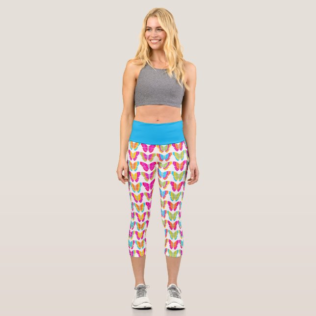Cute Girly Multicolor Rainbow Butterfly Pattern  Capri Leggings (Front)