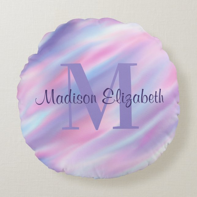 Cute Girly Name & Monogram Pink Purple & Blue Round Pillow (Front)