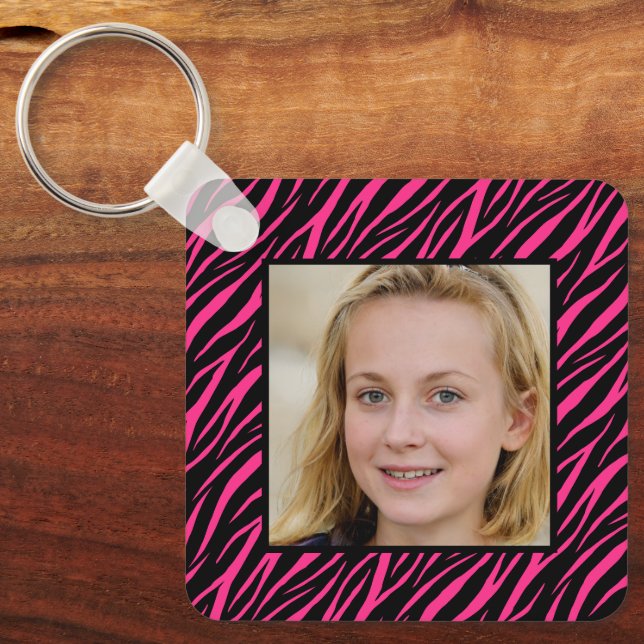 Cute Girly Name & Photo Pink Zebra Personalized Ke Keychain (Front)