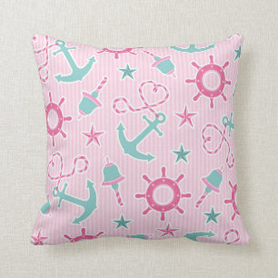 Cute Girly Nautical Print Pink Stripe Throw Pillow