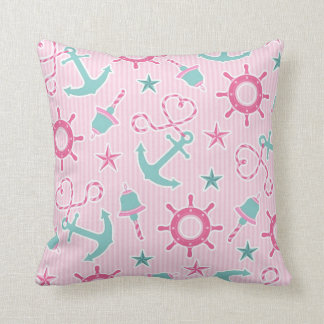 Cute Girly Nautical Print Pink Stripe Throw Pillow