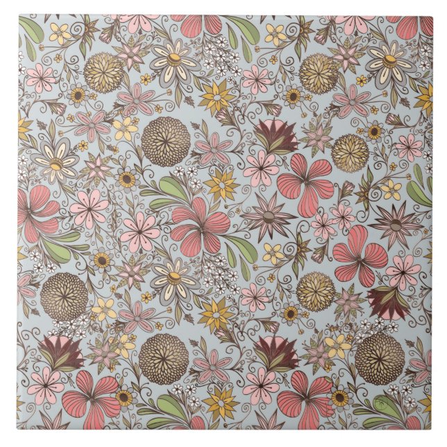 Cute Girly Old Rose Pink Floral Doodles Design Tile (Front)