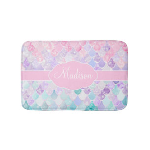 Cute Girly Ombre Mermaid Pattern Monogrammed Bath Mat