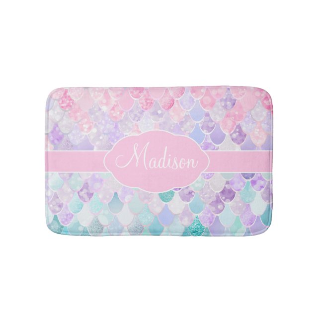 Cute Girly Ombre Mermaid Pattern Monogrammed Bath Mat (Front)