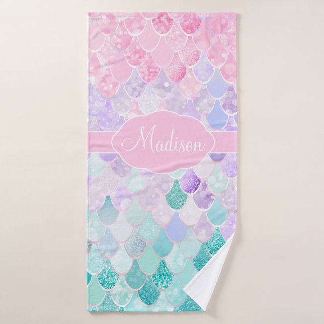 Cute Girly Ombre Mermaid Pattern Monogrammed Bath Towel (Bath Towel)