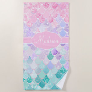 Cute Girly Ombre Mermaid Pattern Monogrammed Beach Towel