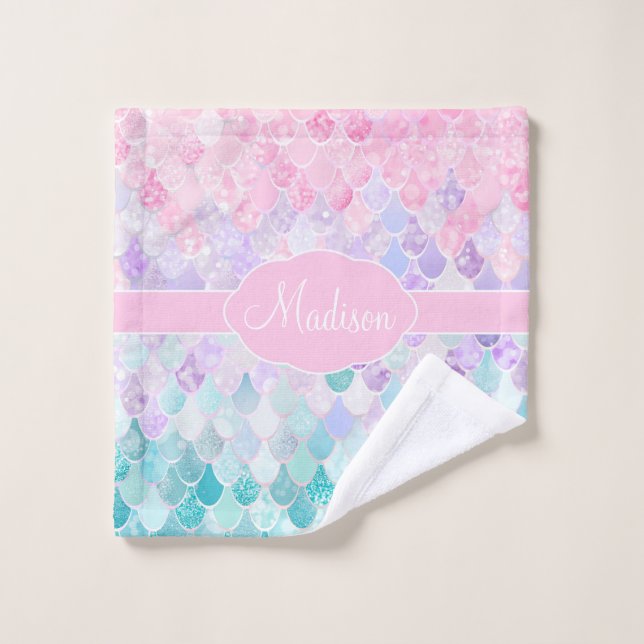 Cute Girly Ombre Mermaid Pattern Monogrammed Wash Cloth (Wash Cloth)