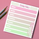 Cute Girly Pastel Pink And Green Weekly Planner Notepad<br><div class="desc">Here's a personalized notepad that will help you remember your most important weekly tasks. Each day of the week is represented by a different pastel pink and green blank areas, decorated with minimalist leafy branches of the same colours, and your name appears at the top. The text is fully customizable....</div>