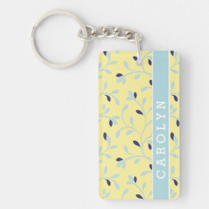 Cute girly pastel yellow floral pattern monogram keychain
