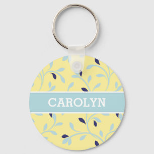 Cute girly pastel yellow floral pattern monogram keychain