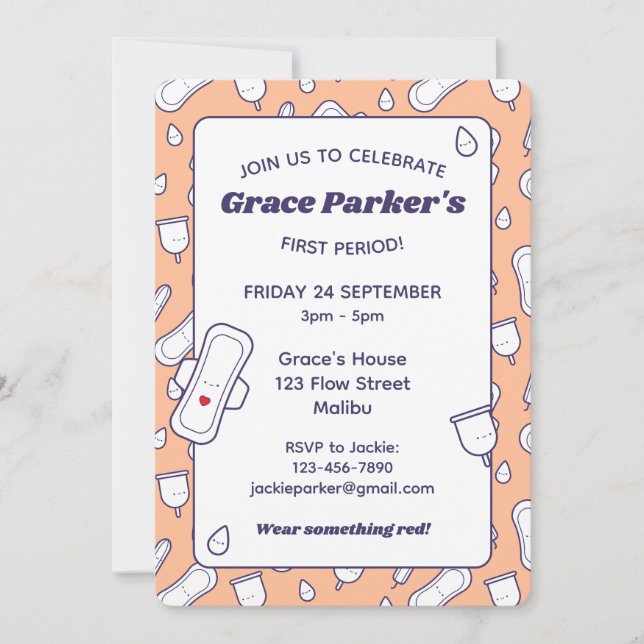 Cute Girly Peach Cartoon Pattern First Period Invitation (Front)