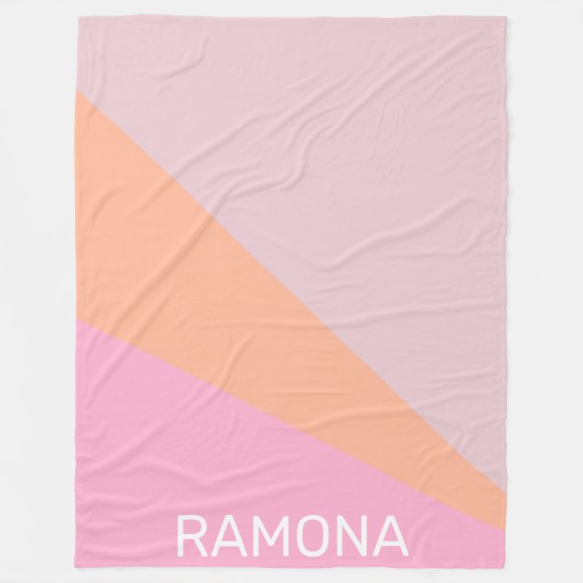 Cute Girly Peach Coral Pink Geometric Monogram Fleece Blanket (Front)