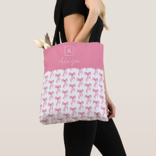 Cute Girly Personalized Monogram Pink Bow Tote Bag
