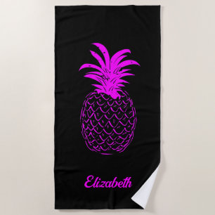 Cute Girly Pink and black Pineapple - Personalized Beach Towel