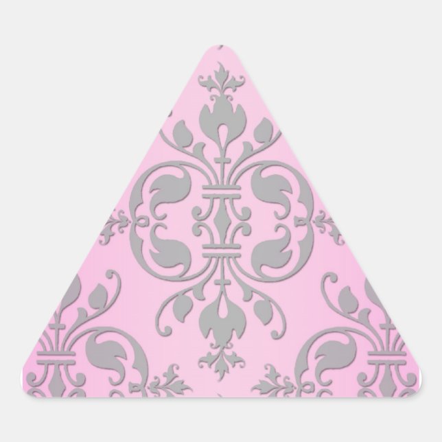 Cute Girly Pink and Grey Damask Triangle Sticker (Front)