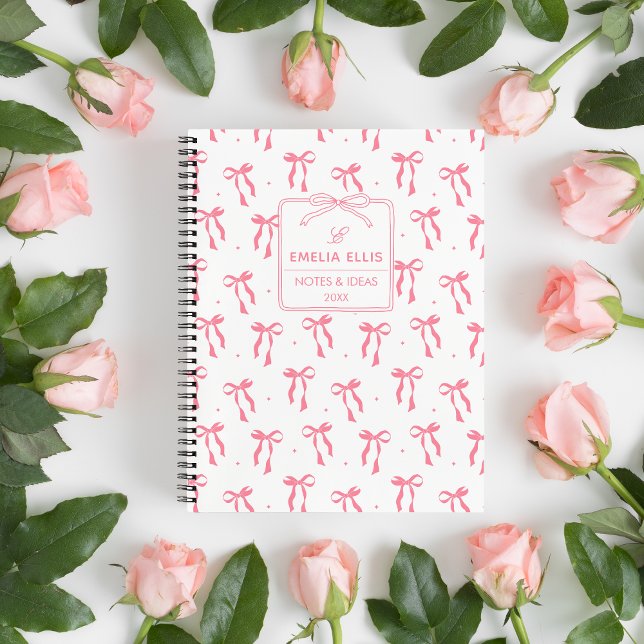 Cute Girly Pink and White Coquette Bows Monogram Notebook (Creator Uploaded)
