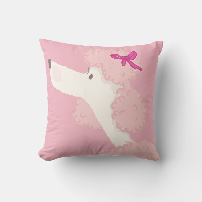 Cute girly pink and white poodle with hot pink bow throw pillow (Front)