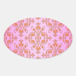 Cute Girly Pink and Yellow Damask Oval Sticker
