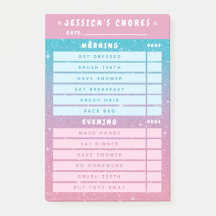 Cute Girly Pink Blue Glitter Kids Daily Chores 4x6 Post-it Notes