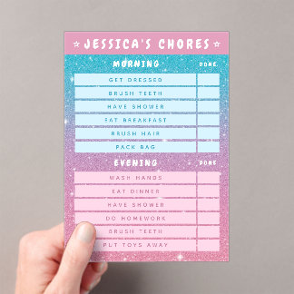 Cute Girly Pink Blue Glitter Kids Daily Chores  Acrylic Invitations