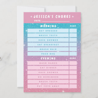 Cute Girly Pink Blue Glitter Kids Daily Chores Invitation