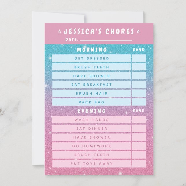 Cute Girly Pink Blue Glitter Kids Daily Chores  Invitation (Front)