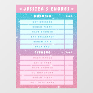 Cute Girly Pink Blue Glitter Kids Daily Chores  Window Cling