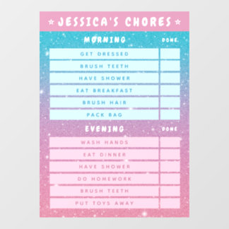 Cute Girly Pink Blue Glitter Kids Daily Chores Window Cling