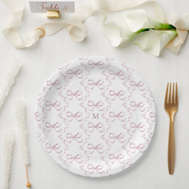 Cute Girly Pink Bow Monogram Paper Plate (Wedding)