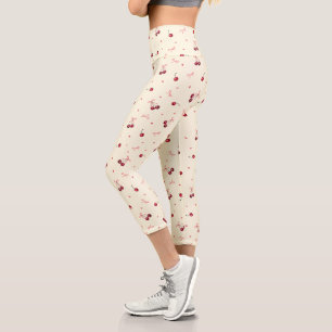Cute Girly Pink Bows and Cherries on Cream Capri Leggings