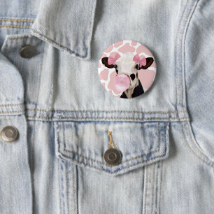 Cute Girly Pink Bubblegum Blowing Cow 2 Inch Round Button