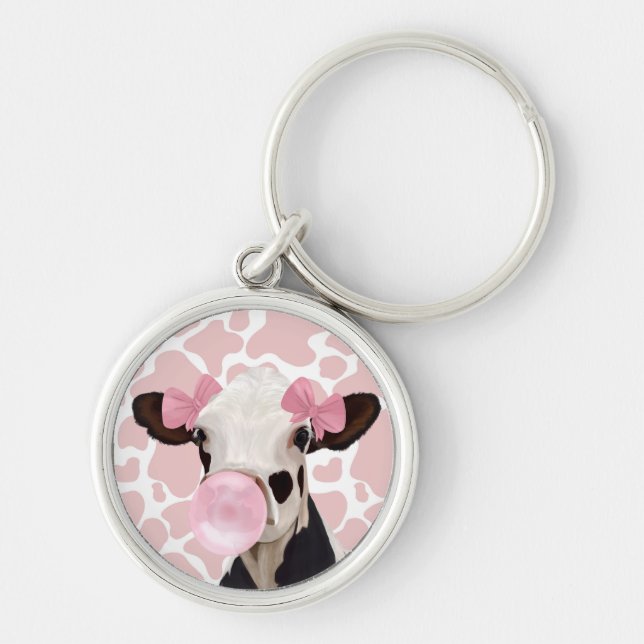 Cute Girly Pink Bubblegum Blowing Cow Keychain (Front)