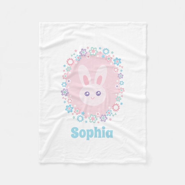 Cute Girly Pink Bunny Rabbit Floral Monogram Fleece Blanket (Front)