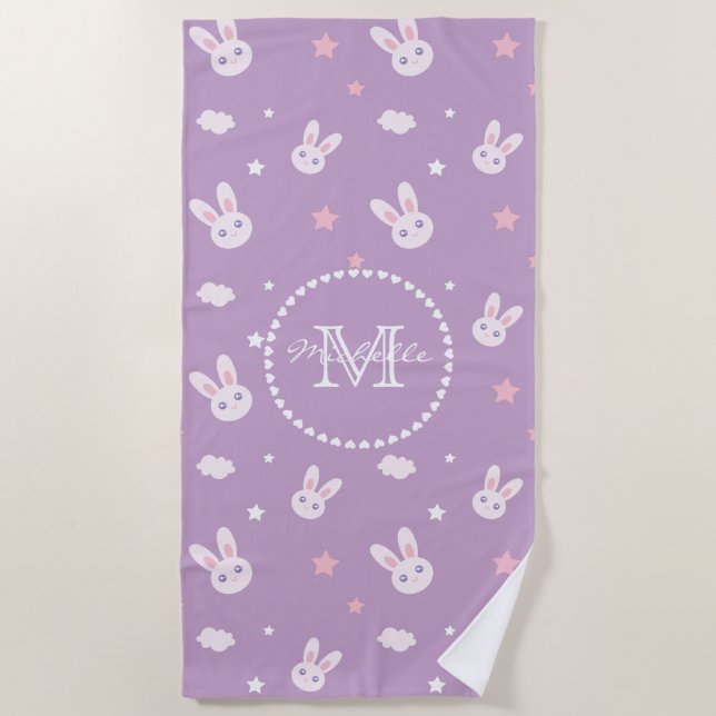 Cute Girly Pink Bunny Rabbit Pastel Name Monogram Beach Towel (Front)