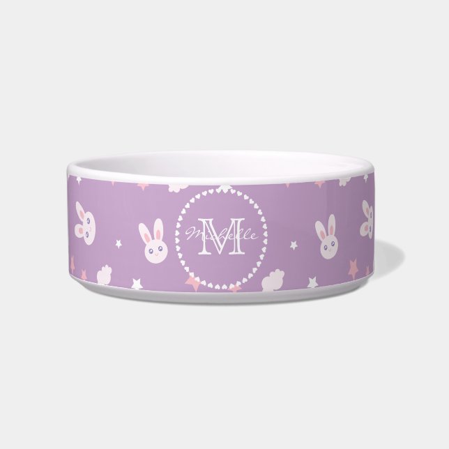 Cute Girly Pink Bunny Rabbit Pastel Purple Name Bowl (Front)