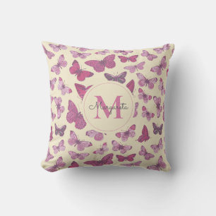 Cute Girly Pink Butterfly Pattern Name Monogram Throw Pillow