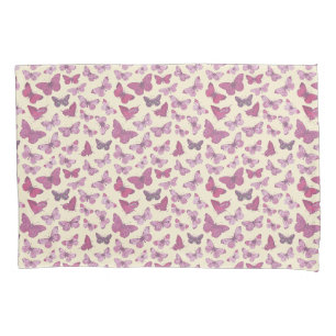 Cute Girly Pink Butterfly Pattern on Beige Pillowcase