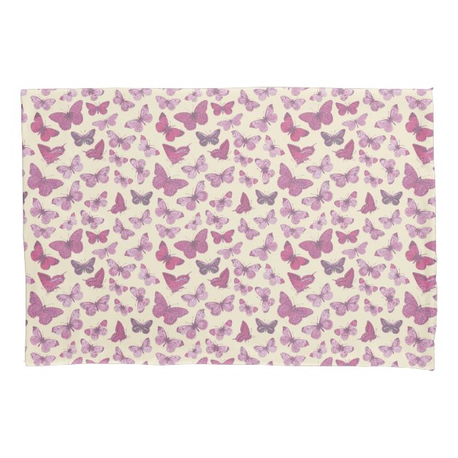 Cute Girly Pink Butterfly Pattern on Beige Pillowcase (Front)