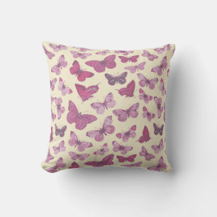 Cute Girly Pink Butterfly Pattern on Beige Throw Pillow