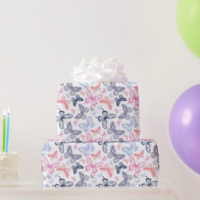 Cute Girly Pink Chic Happy Birthday Butterflies Wrapping Paper (Party Gifts)